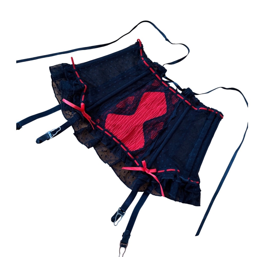 Black Red Mesh Lace Up Garter Belt Corset‎ Goth Alt
